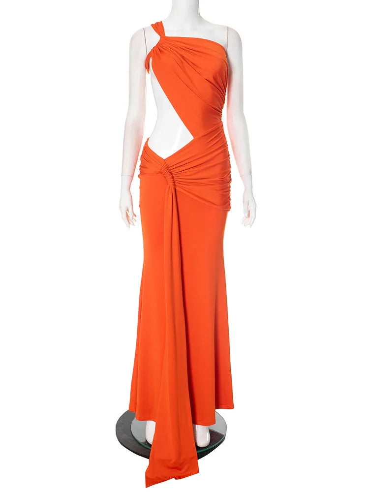 Elegant Dresses - Sexy Sleeveless Hollow Out Irregular Side Ribbon Pleated Long Dress For Women High Waist Elegant Sexy Club Party Dress