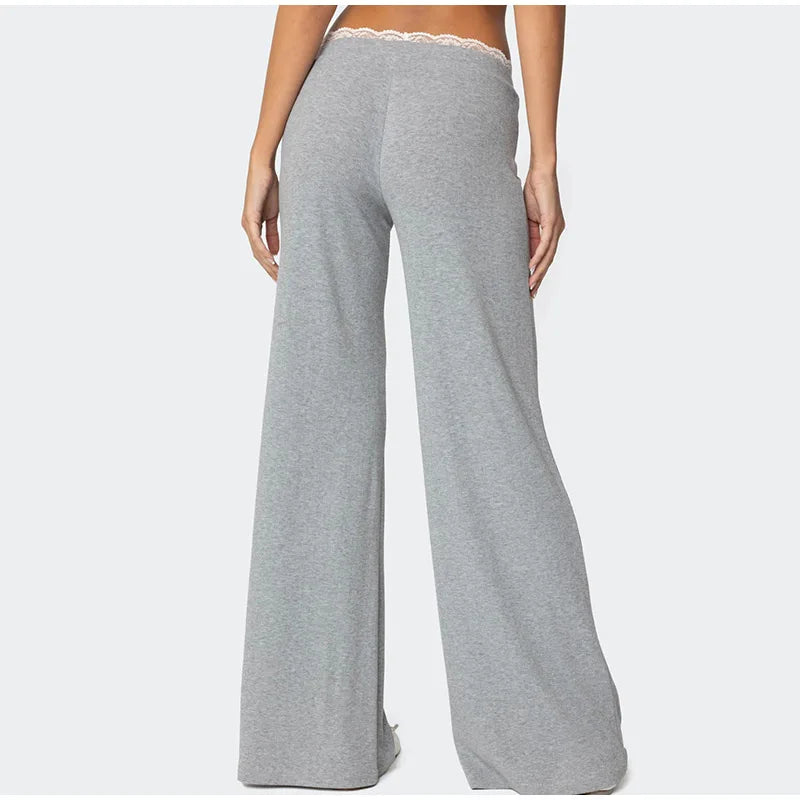 Loungewear - Women Lace Top Pant Suit Casual Bow Lace Up Patchwork Blouse Loose Elastic Waist Trouser Female Sets 2025 Spring Lady Streetwear