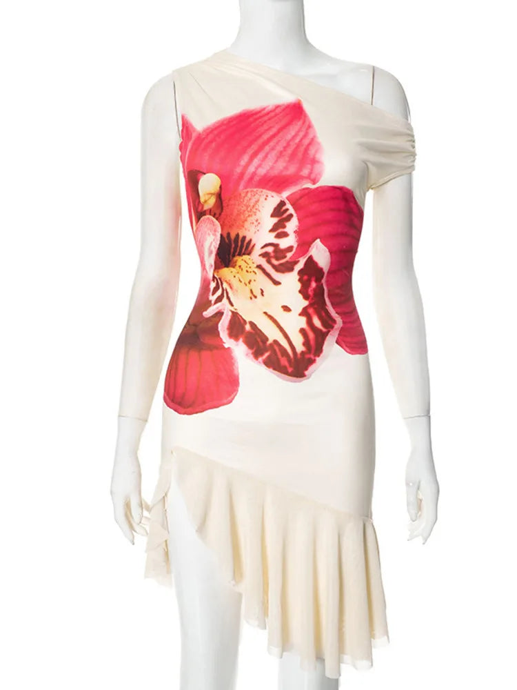 Off Shoulder Dresses - Skew Collar Ruffled Print Sexy Mini Dress For Women Off-shoulder Sleeveless Backless High Waist Printed Dress Vestido