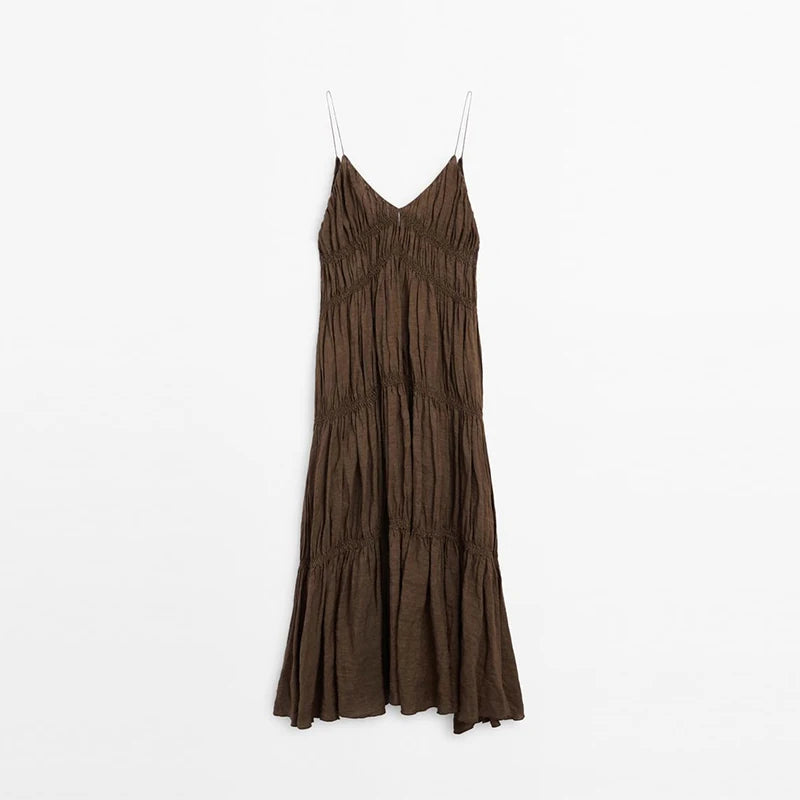 - Elegant Suspender Maxi Dress Women Sexy Summer Pleated Sling Beach Dress Female Backless V-neck Vacation Evening Long Vestidos