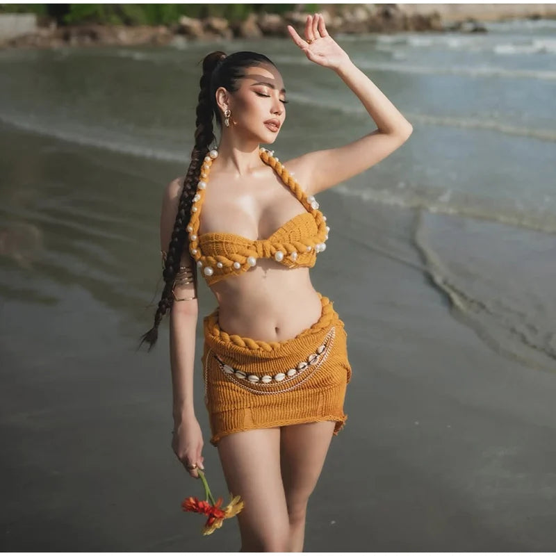 Cover up - Retro Knitted Bikini Top Mini Skirt Woman's Set Casual Solid Pearl Halter Tops High Waist Slim Skirts Sets Female Beach Outfits