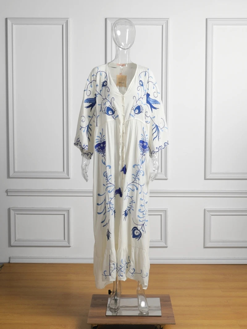 Kaftans - Jastie Embroidered Women Maxi Dress V-Neck Batwing Sleeve Loose Oversize Summer Dresses Drawstring Waist Boho Beach Vestidos