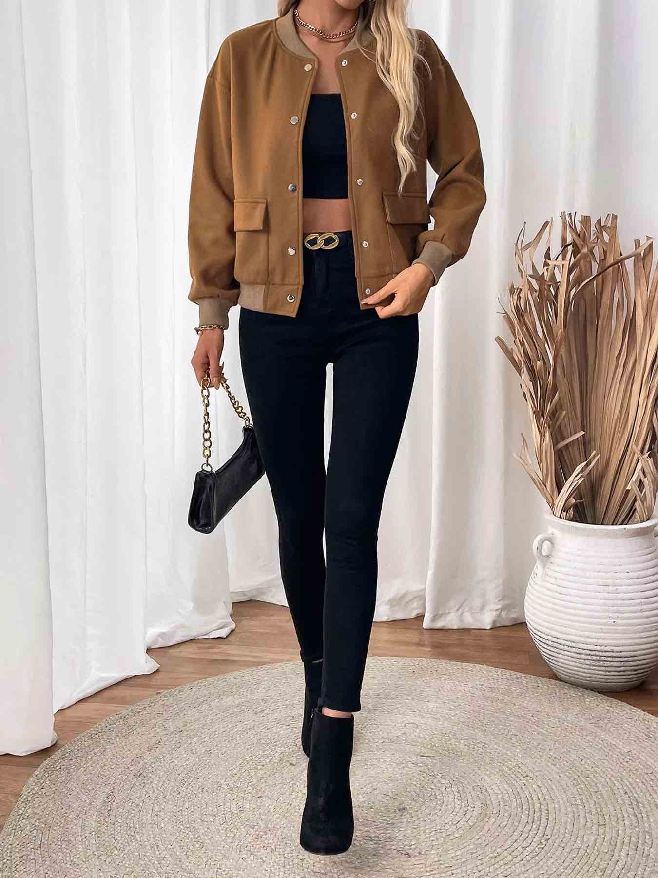 Jackets - Women's Fleece Bomber Jacket with Contrast Pocket