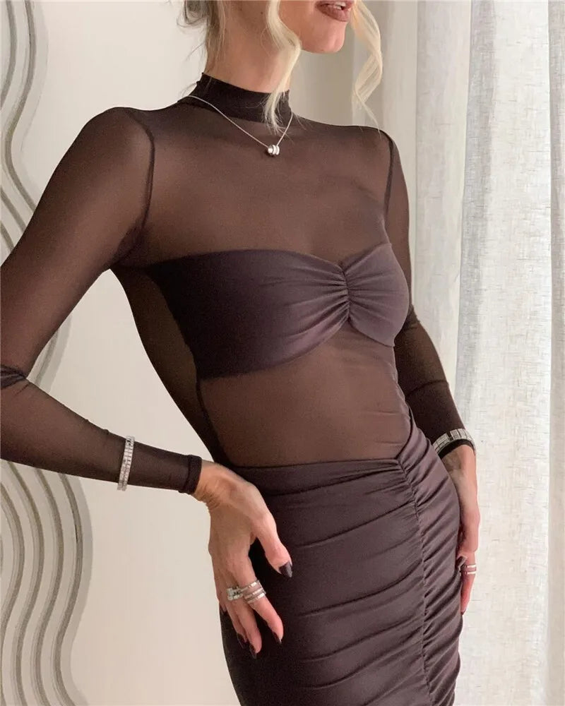 Bodycon dresses - Mozision Sheer Long Sleeve Ruched Sexy Maxi Dress Women Fashion Half High Collar See Through Backless Bodycon Sexy Long Dress