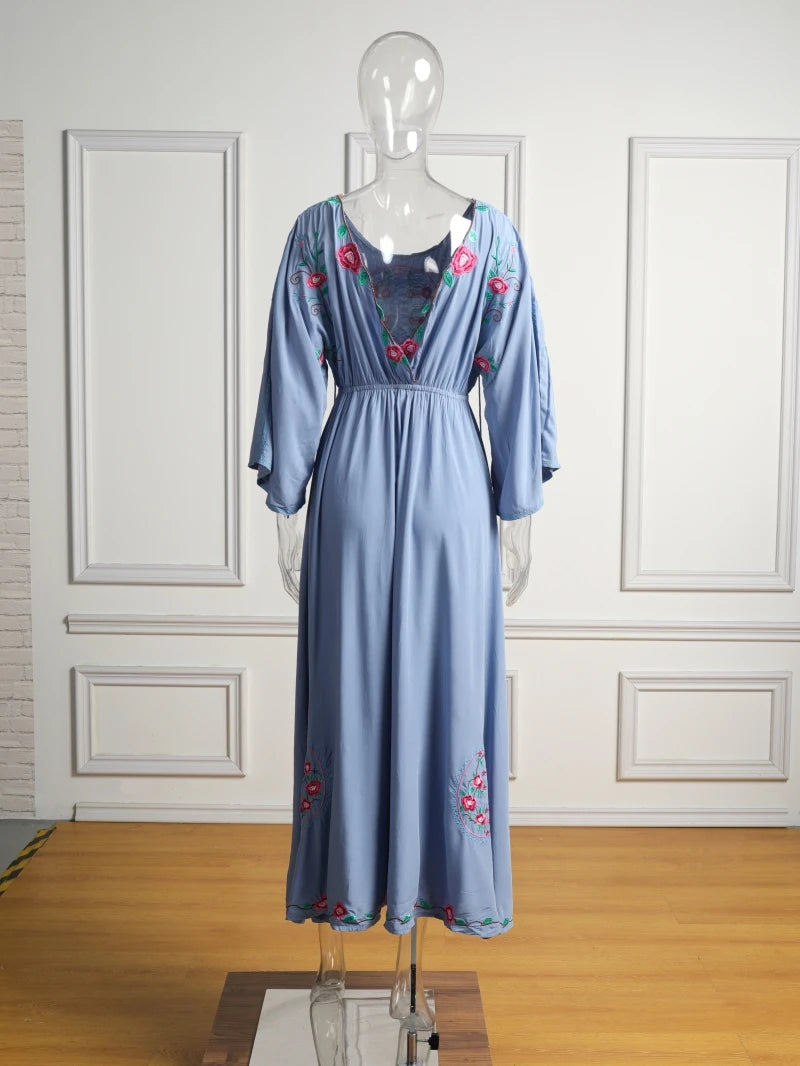 Kaftans - Jastie Embroidered Women Maxi Dress V-Neck Batwing Sleeve Loose Oversize Summer Dresses Drawstring Waist Boho Beach Vestidos