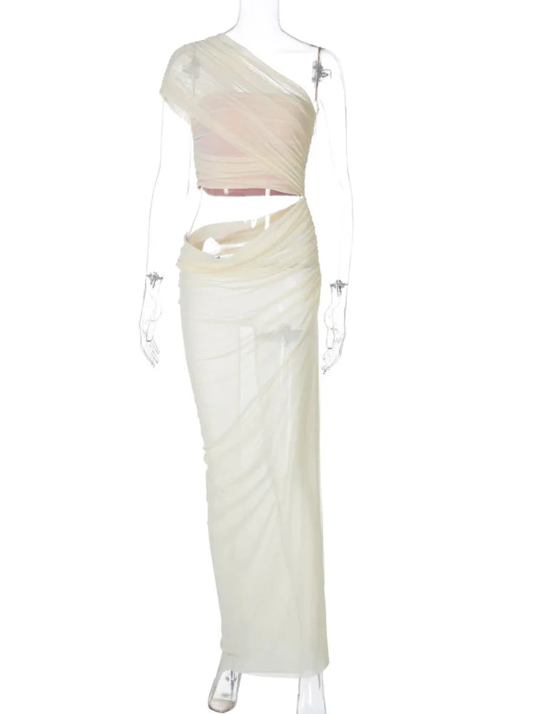 Party Dresses - Mesh Hollow Out Backless Sexy Maxi Dress For Women Fashion One Sleeveless See Through Ruched Bodycon Club Long Dress