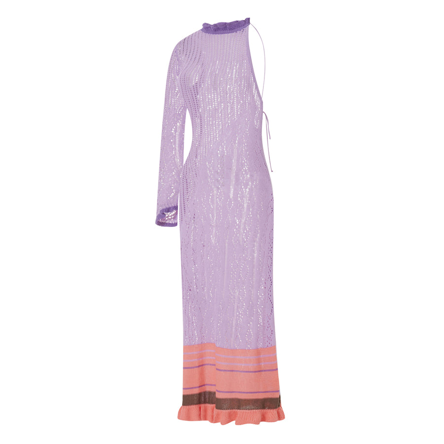 Beach Dresses - Contrast Color Hollow-Out Knit Beach Long Dress 2023 Summer See-Through One-Shoulder Long Sleeve Halter Tie-up Cover-Ups Dress