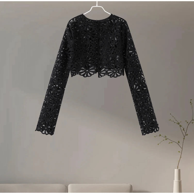 Matching Sets - Elegant See Through Crochet Top Women Set Hallow Out Flare Long Sleeve Top Slim Empire Hip Package Skirts 2025 Summer Lady Set