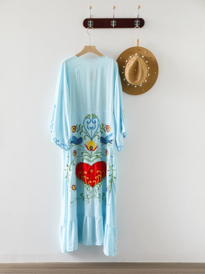 Kaftans - Jastie Embroidered Women Maxi Dress V-Neck Batwing Sleeve Loose Oversize Summer Dresses Drawstring Waist Boho Beach Vestidos