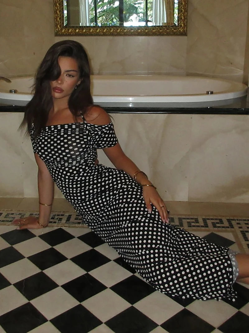 Halter Dresses - Off-shoulder Polka Dot Maxi Dress For Women Gown Fashion Halter Sleeveless Backless bodycon Split Long Dress Elegant