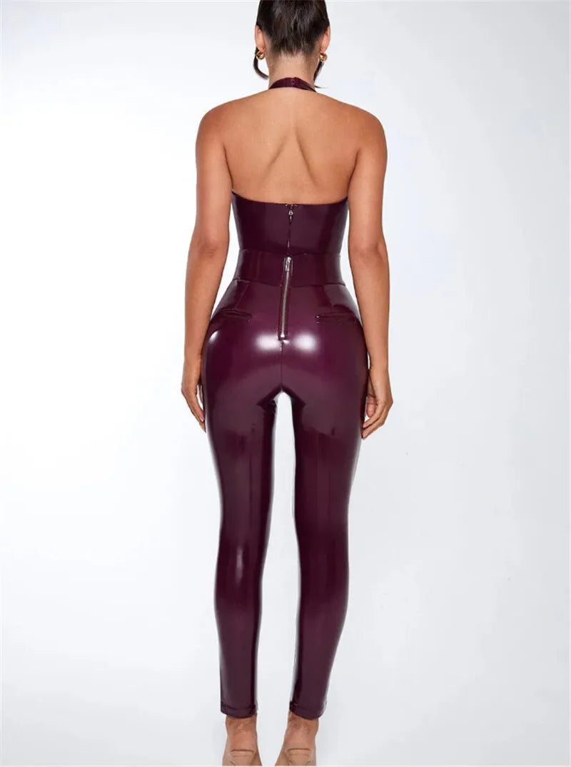 Jumpsuits - Halter Deep V Neck Sexy Jumpsuits For Women Rompers Fashion Solid Sleeveless Backless Skinny PU Leather Jumpsuit