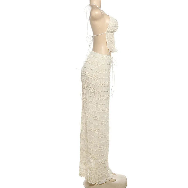 Matching Sets - Chiffon Lace Sexy Skirt Two Piece Sets Women Halter Crop Tops And Maxi Skirt Ladies Fashion Woman Long Dress Set