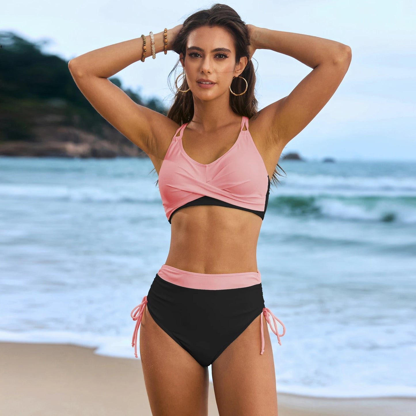 Swimwear - 2025 new swimsuit solid color splicing rope cross bag swimsuit women's split bikini bikini