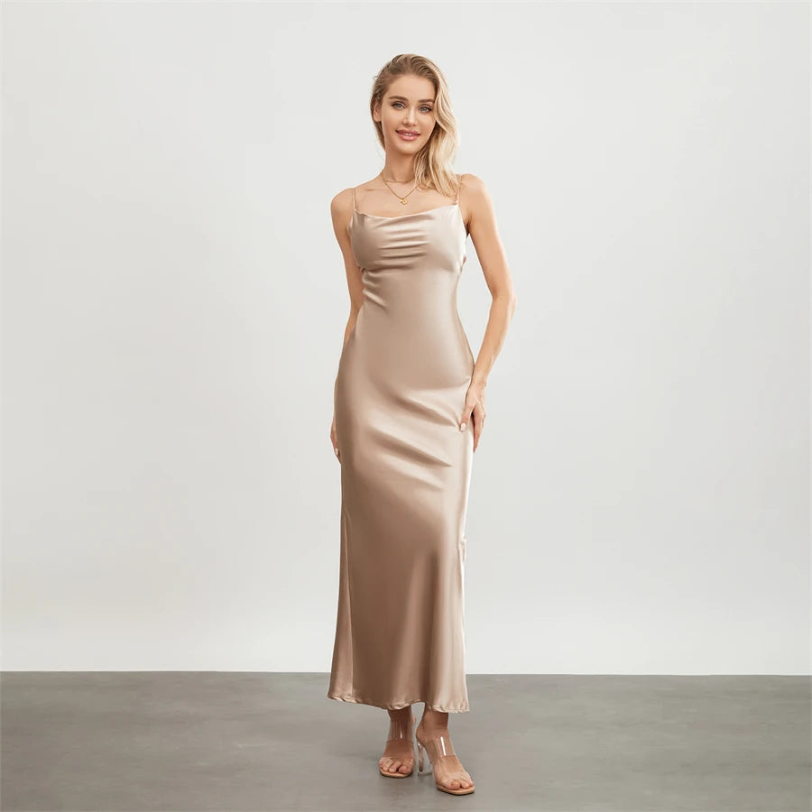 Satin Dresses - Backless Spaghetti Straps Party Long Dresses 2024 New Evening Gown Satin Vestidos Women's Cowl Neck Slip Wrap Dress