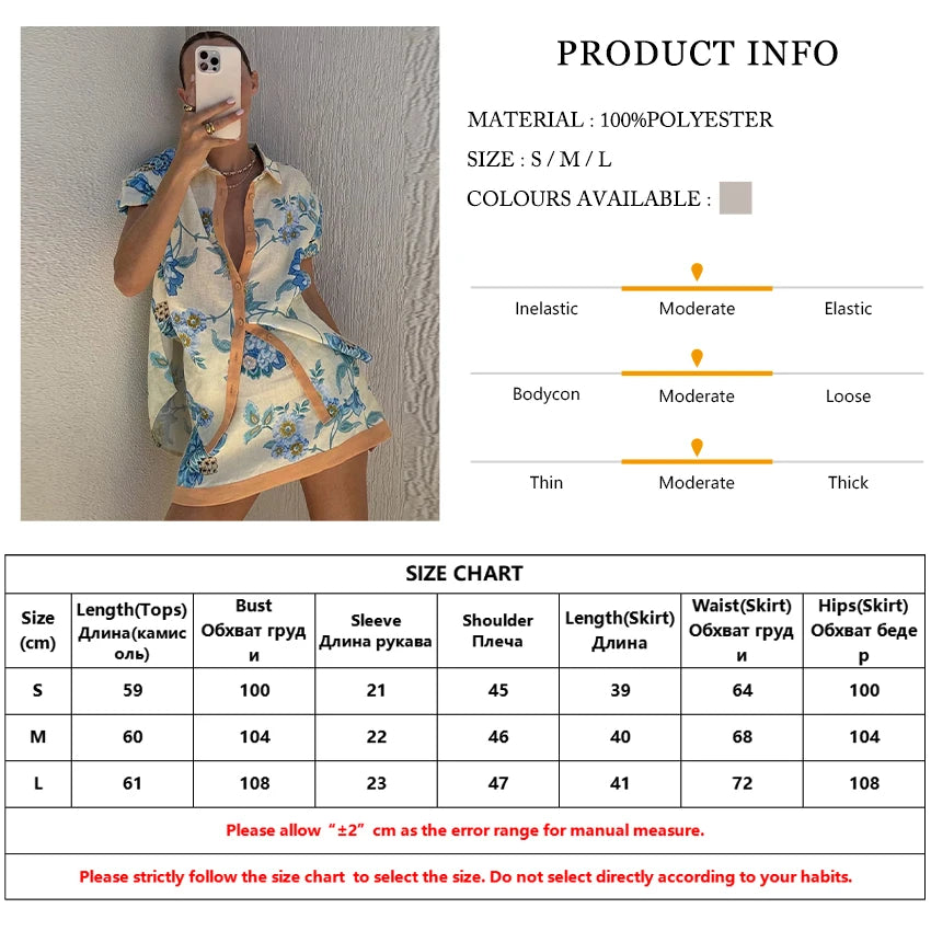 Matching Sets - Summer Loose Print Women 2 Piece Set Outfit 2025 Vintage Short Sleeve Shirt With High Waist Mini Skirt Set Streetwear