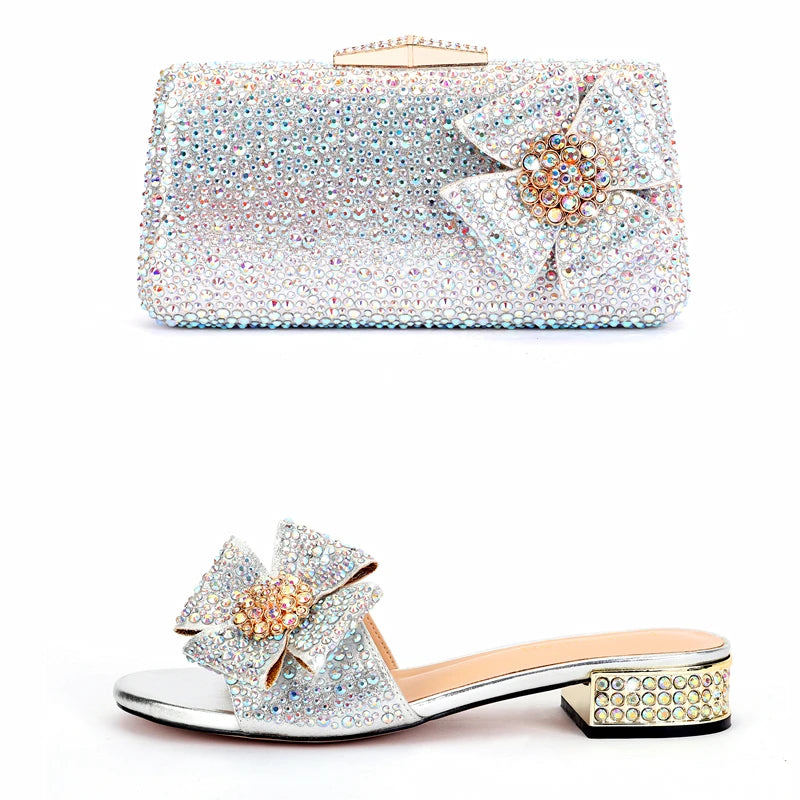 Shoes - New Ladies Rhinestone Clutch Flat Heel Diamond Evening Shoes and Bag suit Rhinestone Flat plus size Stone Slippers Size 34-44