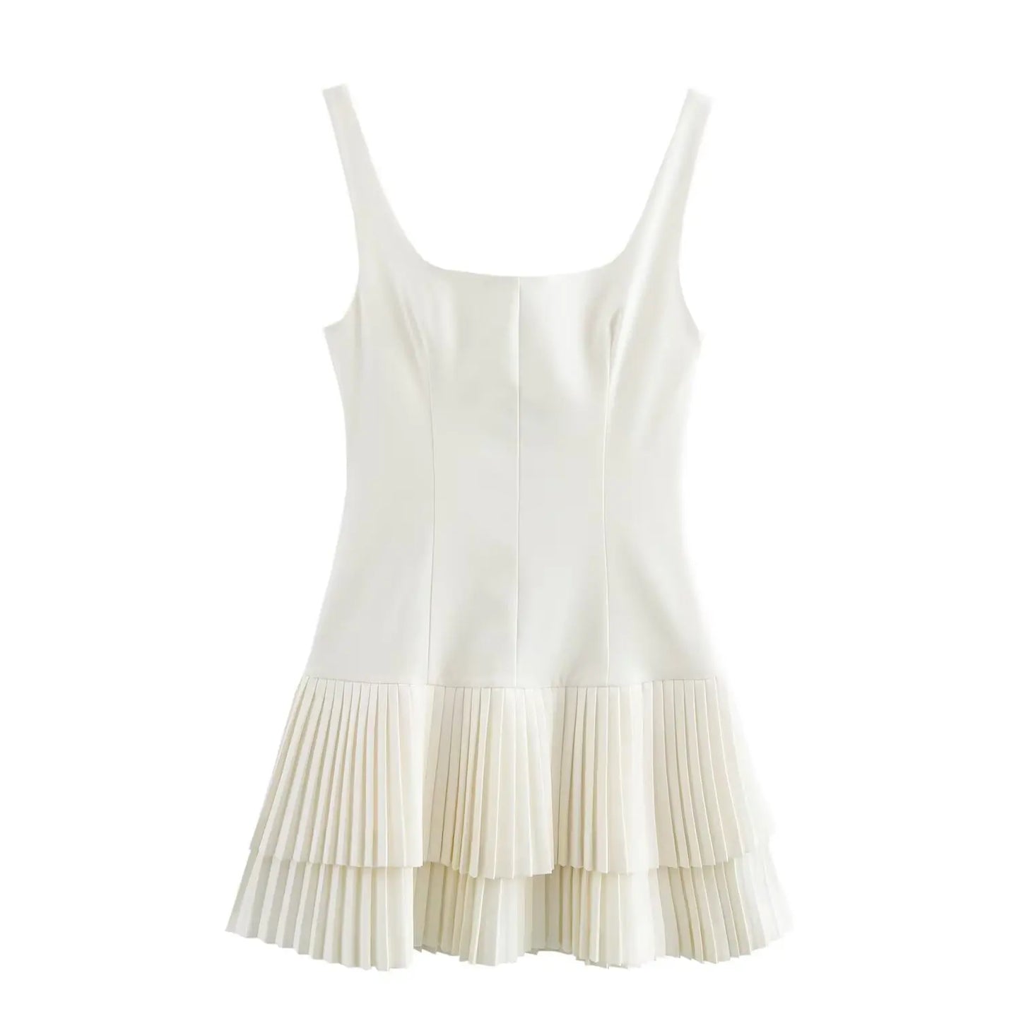 Mini Dresses - Women Fashion Square Collar Sleeveless Solid Mini Dress Female Summer Pleated Dress Chic High Street Slim Short Dress