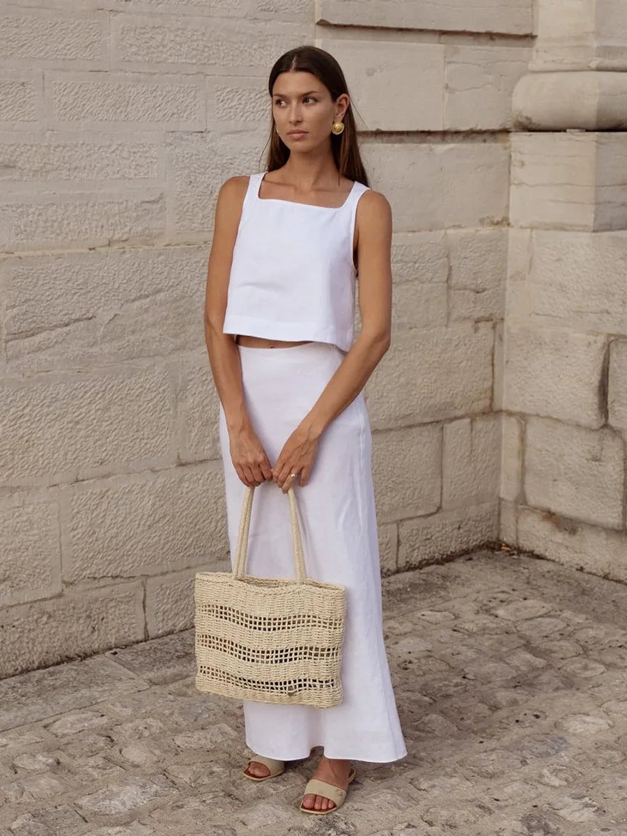 Skirt Sets - Summer New Cotton Linen Half Skirt Set Women's Square Neck Chic Short Vest Casual 2-Piece Set Split Long Skirt Suits