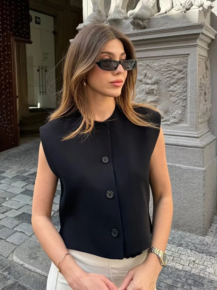 Crop Blouses - Women 2024 Red White Black Vest Korean Sleeveless Vest Woman Top Cardigan