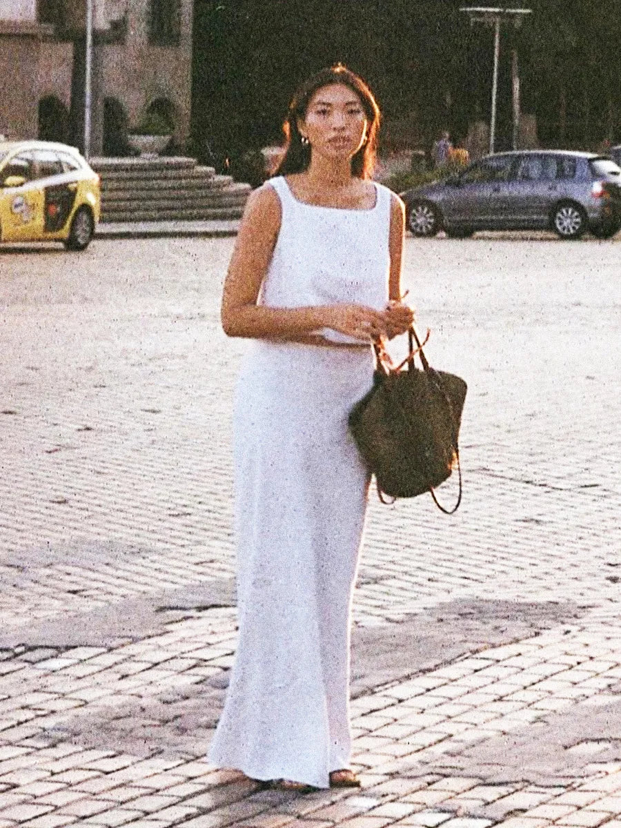 Skirt Sets - Summer New Cotton Linen Half Skirt Set Women's Square Neck Chic Short Vest Casual 2-Piece Set Split Long Skirt Suits