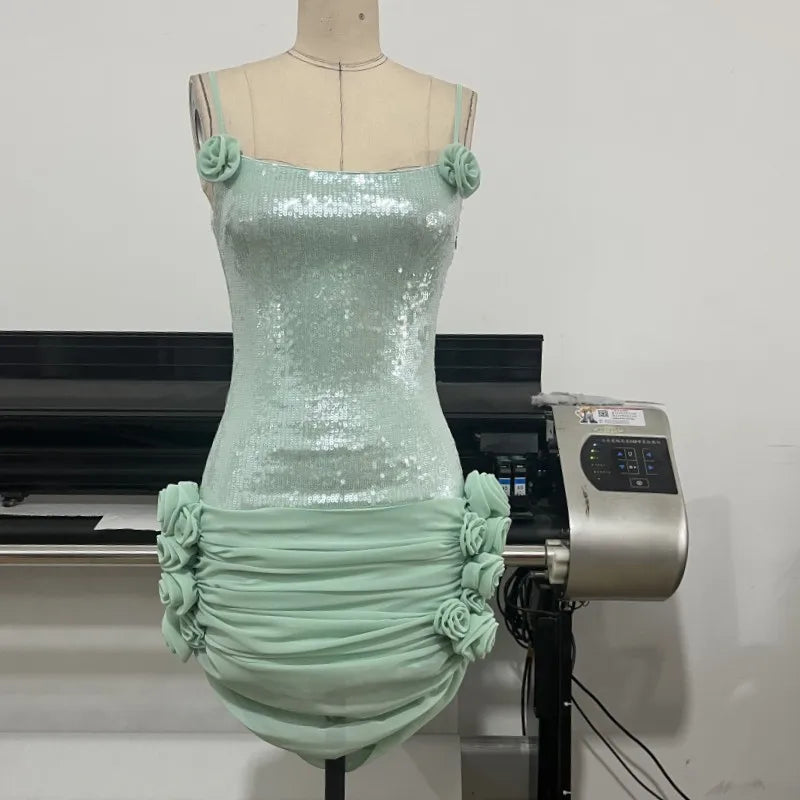 Elegant Dresses - Sexy Spaghetti Strap Backless Prom Dresses for Women Luxury 2025 Summer Sequins Flower Lace-up Pleated Mini Dress Elegant Gowns