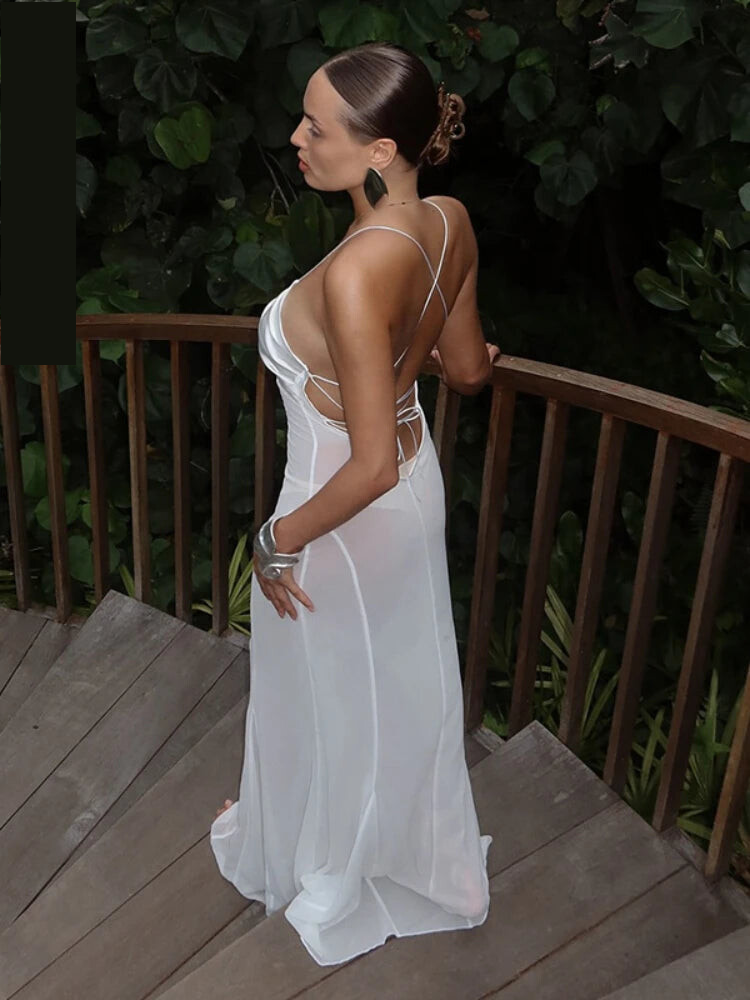 See-through Dresses - Transparent Mesh Summer Beach Dress White Black Sexy Vacation Outfits Backless Maxi Long Dresses Woman 2025 C85-DD19