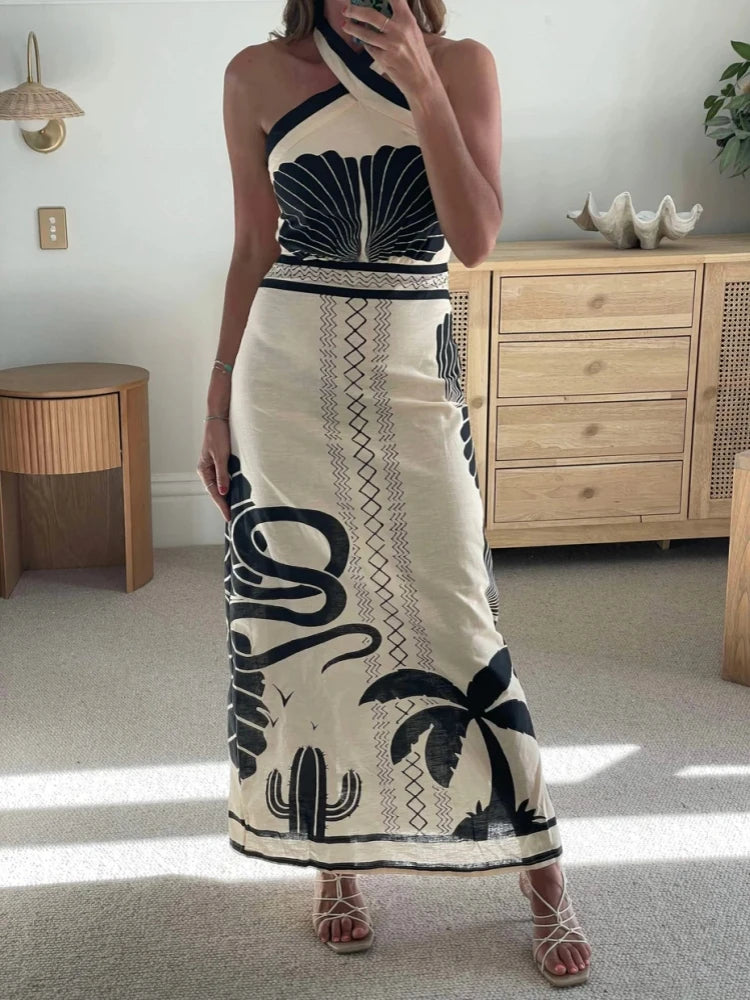 Vacation Dresses - Beach Floral Print Backless Vintage Summer Dress Women Halter Bandage Split Elegant Dress 2025 Bohe Holiday Party Dress Female