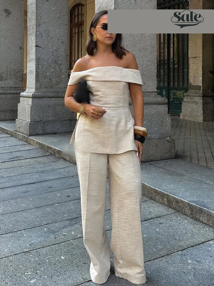 Pants Sets - Women Elegant Solid Slim Back Zipper Side Slit Crop Design Slash Neck Top+High-Waisted Zip-up Loose Long Pant 2 Piece Set