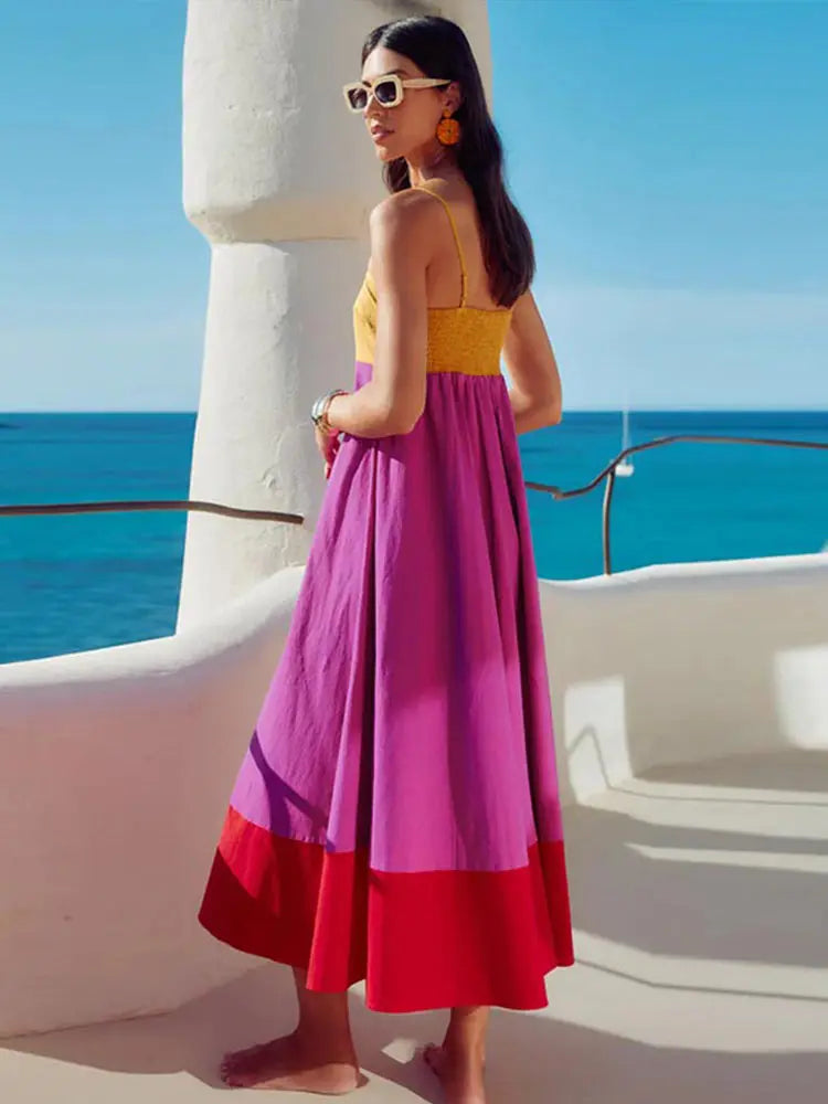 Casual Dresses - Contrast Color Holiday Long Dress Women 2025 Spring Spaghetti Strap High Waist Sleeveless Backless Dresses Female A-line Beach