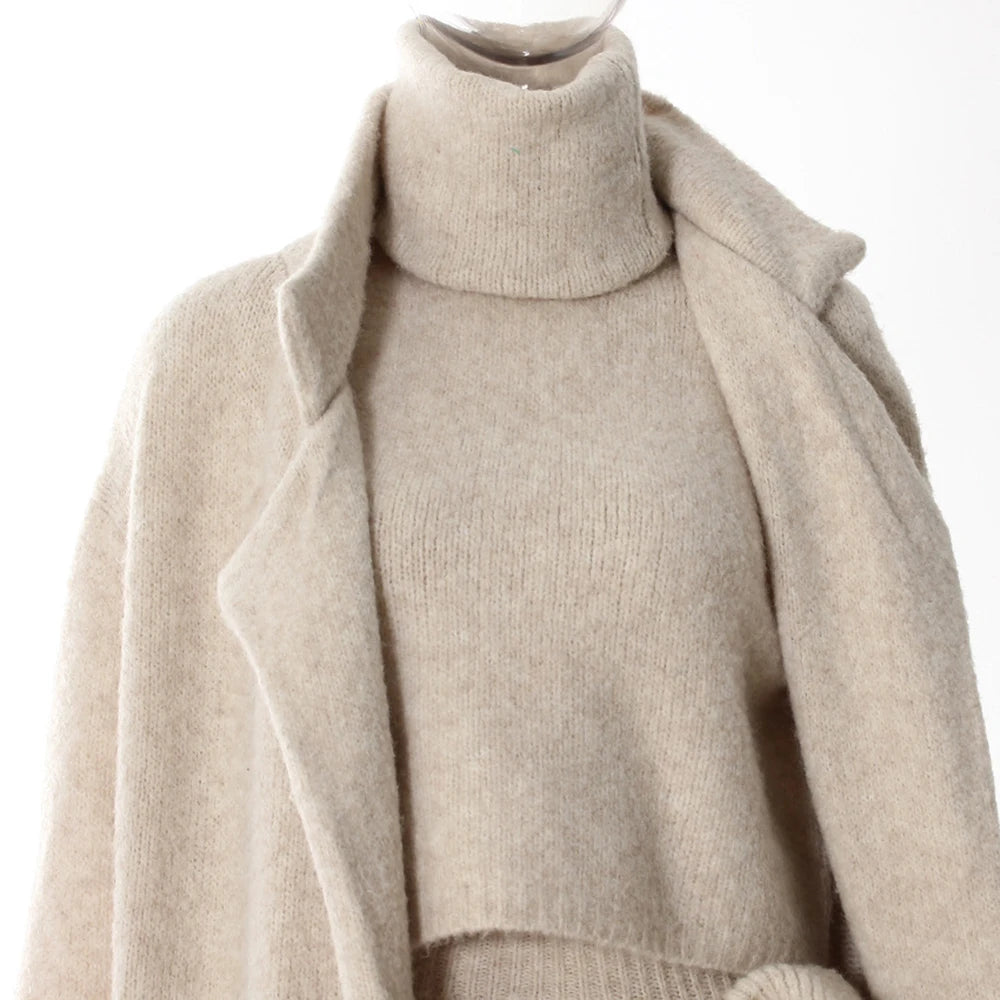 Knitwear - TWOTWINSTYLE Three Piece Set For Women Lapel Long Sleeve Coat High Neck Vest High Waist Patchwork Appliques Skirt Sets Female