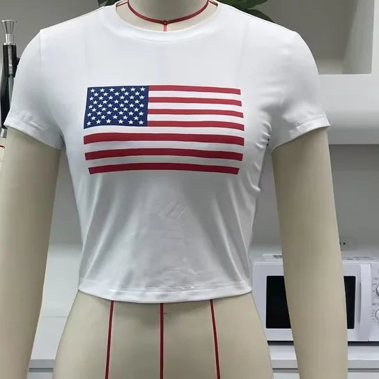 American Tees - Women's Summer Casual T-Shirts American Flag Print Short Sleeve Round Neck Crop Tops 4th of July Clothes Basic Tees