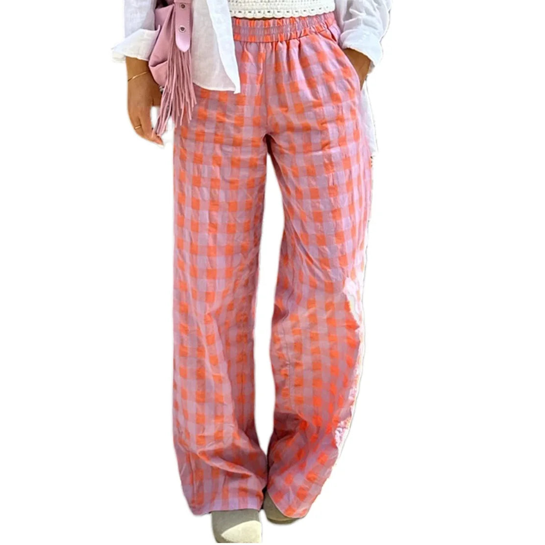 Pants - Womens Casual Plaid Print Pants Autumn Streetwear Elastic Waistband Straight Leg Pull On Trousers Loose Casual Bottoms
