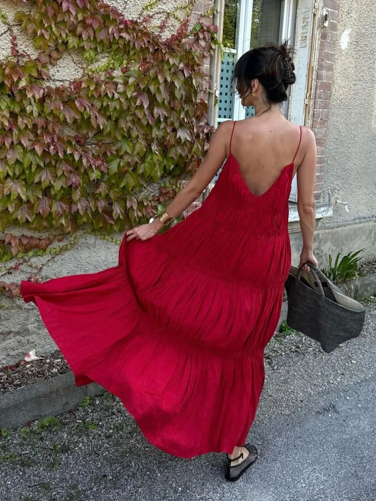 - Elegant Suspender Maxi Dress Women Sexy Summer Pleated Sling Beach Dress Female Backless V-neck Vacation Evening Long Vestidos