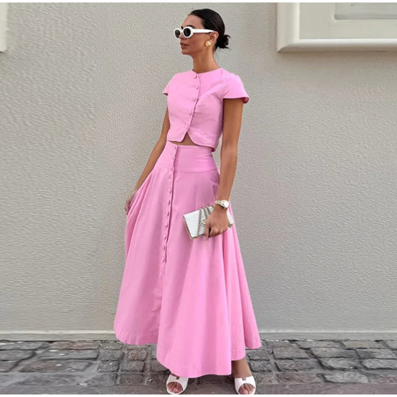 Skirt set - Women Vest Skirt Suit Solid O-neck Single Breasted Short Sleeve Short Top Button Wide Leg Skirts Female Summer Lady Beach Wears