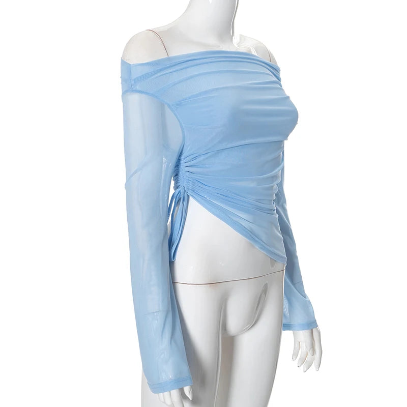Mesh Tops - Solid Color Long-Sleeve One-Shoulder Sexy Mesh Top See Through Shrunk Pleated Sexy Women T Shirt Casaul Wear Autumn