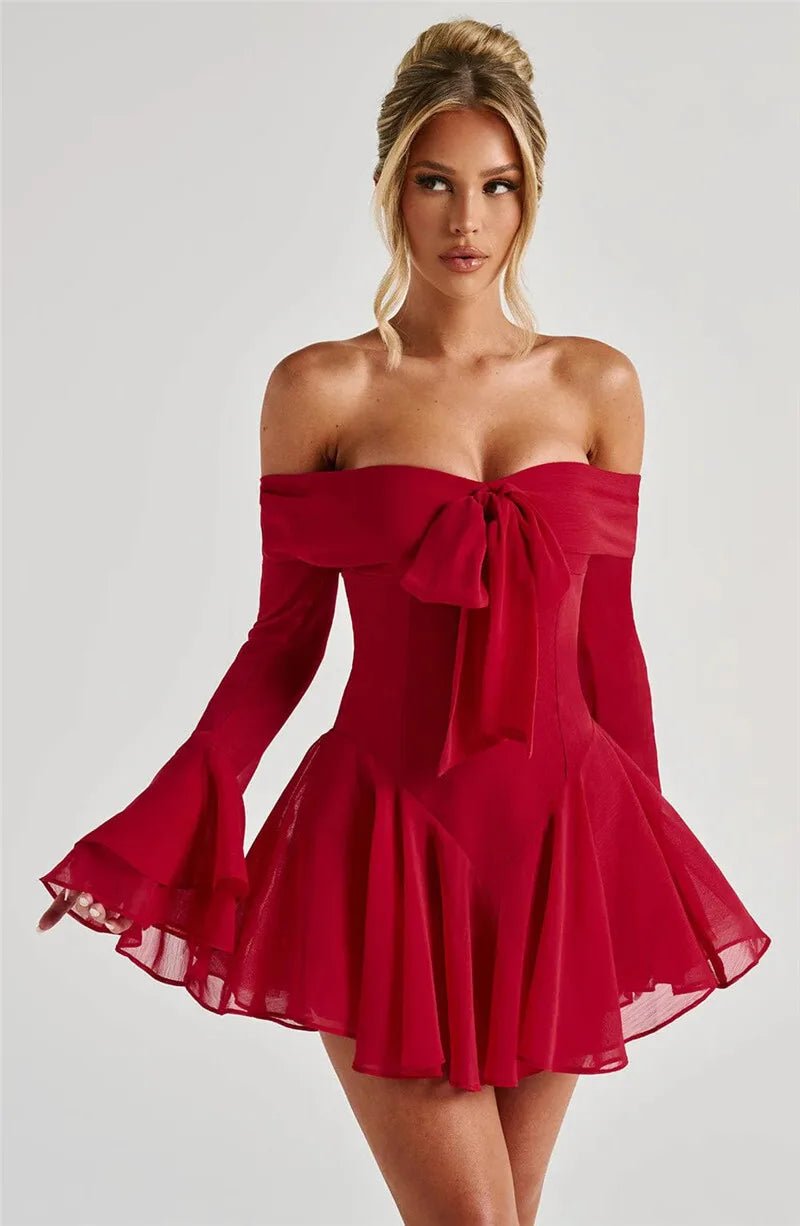 Party Dresses - Strapless Long Flare Sleeve Sexy Mini Dress For Women Robe Off-shoulder Backless High Waist A-line Club Party Dress