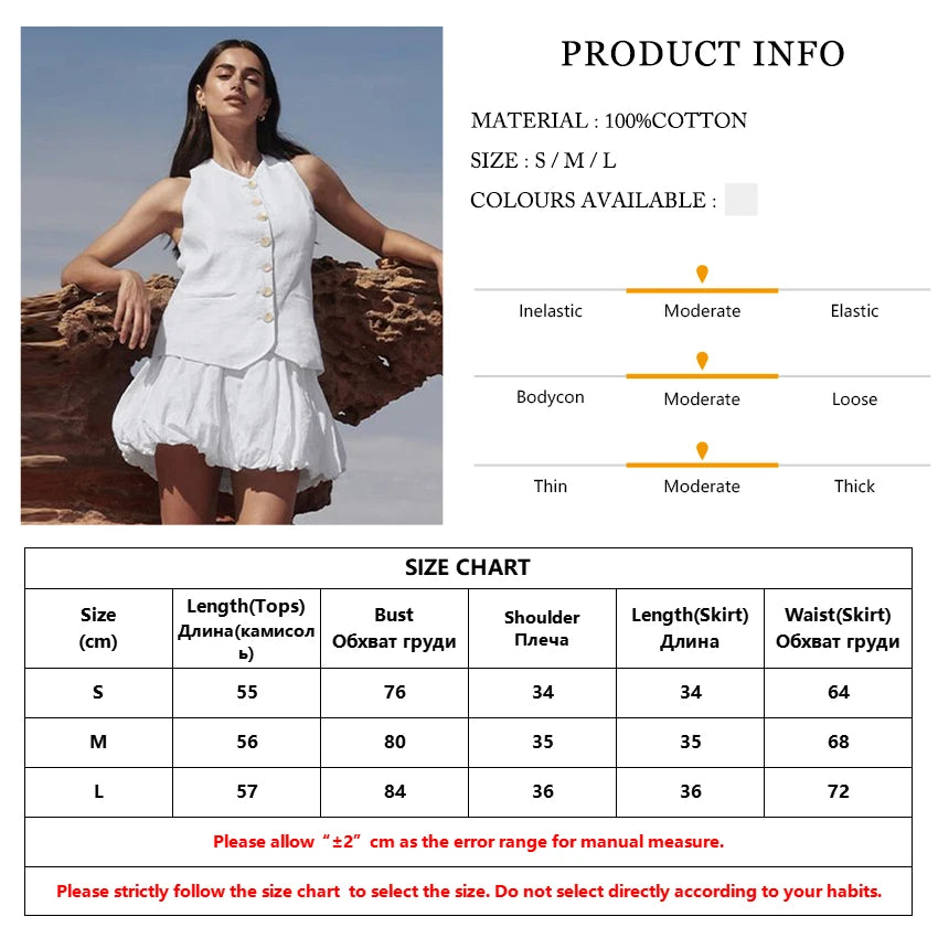Skirts set - Summer Loose White Cotton 2 Piece Sets Women Outfit Fashion Sleeveless Tank Top With High Waist Pleated Mini Skirt Set