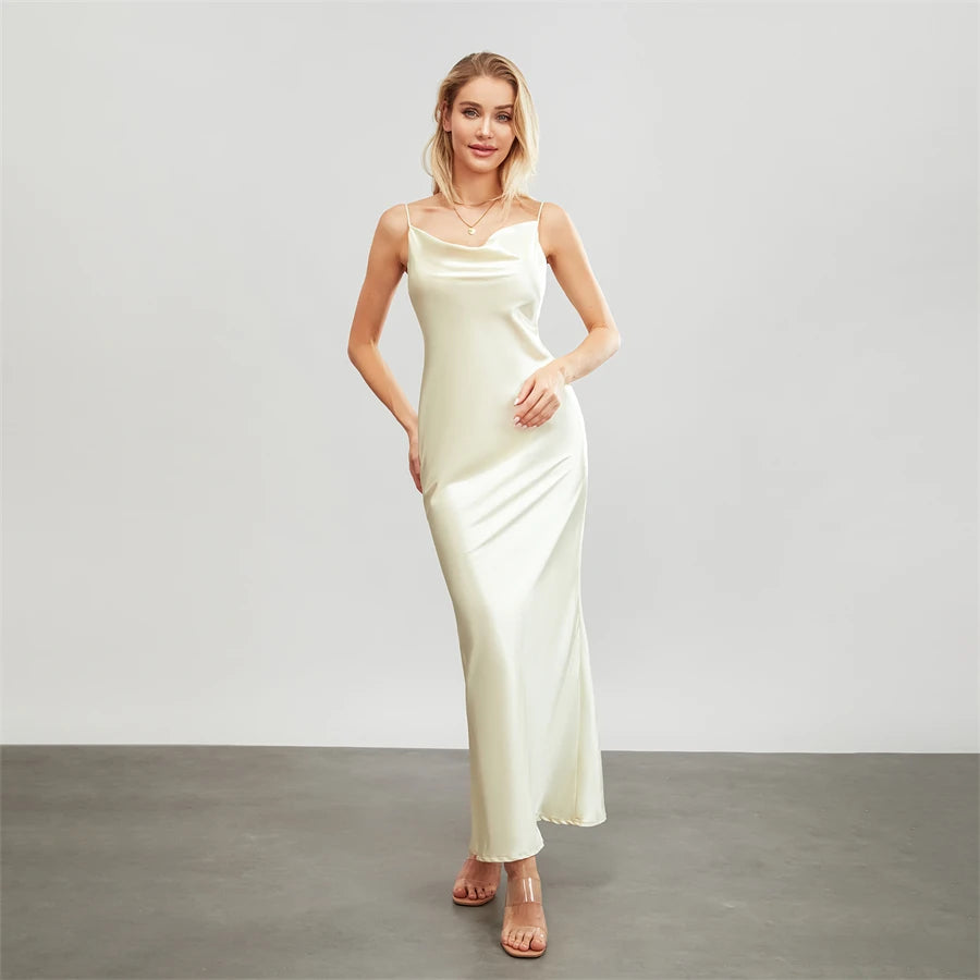 Satin Dresses - Backless Spaghetti Straps Party Long Dresses 2024 New Evening Gown Satin Vestidos Women's Cowl Neck Slip Wrap Dress