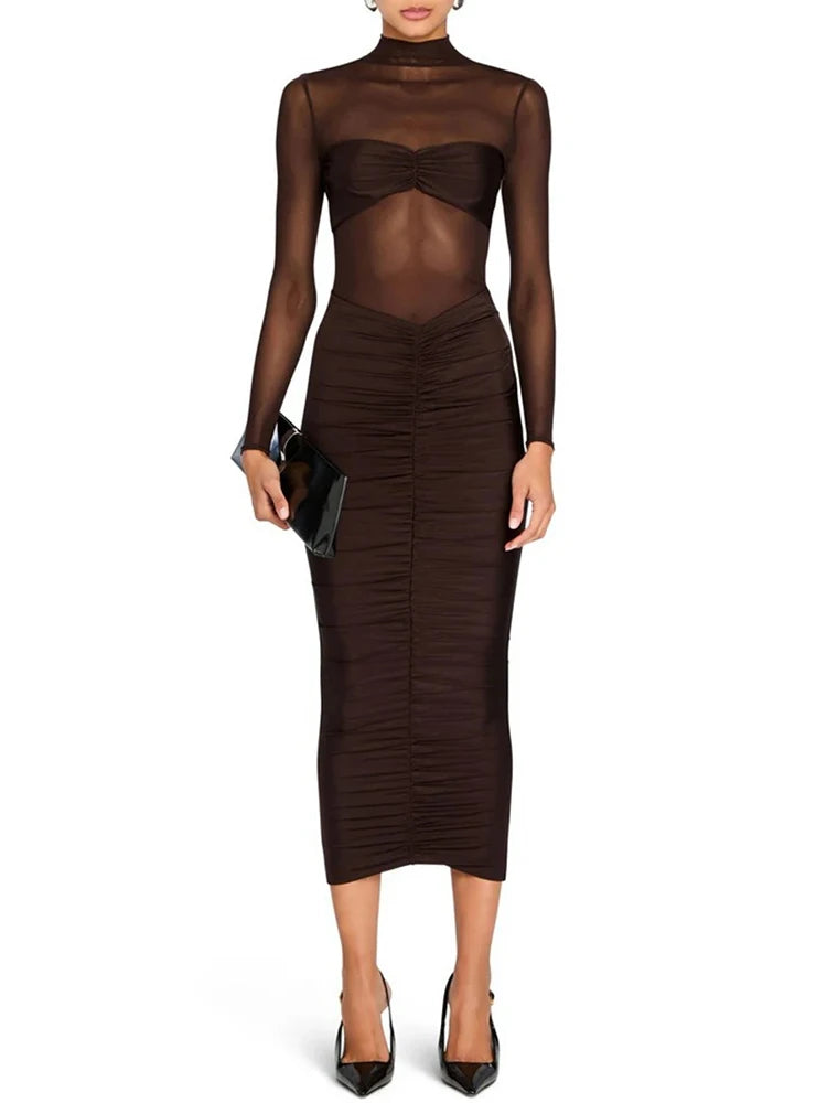 Bodycon dresses - Mozision Sheer Long Sleeve Ruched Sexy Maxi Dress Women Fashion Half High Collar See Through Backless Bodycon Sexy Long Dress