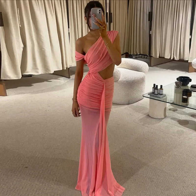 Elegant Dresses - Sexy Sleeveless Hollow Out Pleated Patchwork Maxi Dress For Women High Waist Off-shoulder Slim Club Party Long Dress