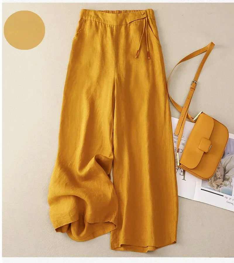 Pants - Summer Wide Leg Pants Women Elastic High Waist Cotton and Linen Casual Pants Loose Straight Yellow Women's Pants