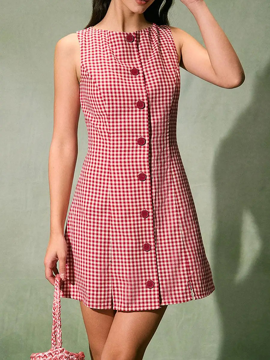 Casual Dresses - New Women Summer Mini Plaid Tank Dress Sleeveless Round Neck Button Up Cocktail Dress Club Street Style S M L