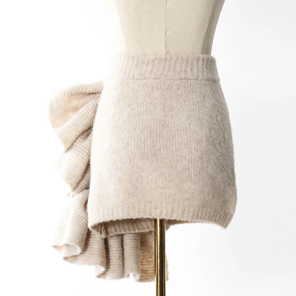 Knitwear - TWOTWINSTYLE Three Piece Set For Women Lapel Long Sleeve Coat High Neck Vest High Waist Patchwork Appliques Skirt Sets Female