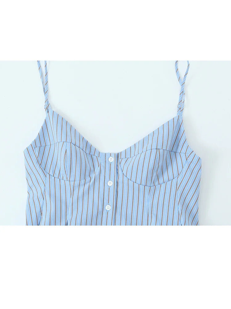 Cami Tops - Summer Women Striped Sleeveless V-Neck Mini Top Woman Slim High Street Short Dress Pleated Button Decoration Top