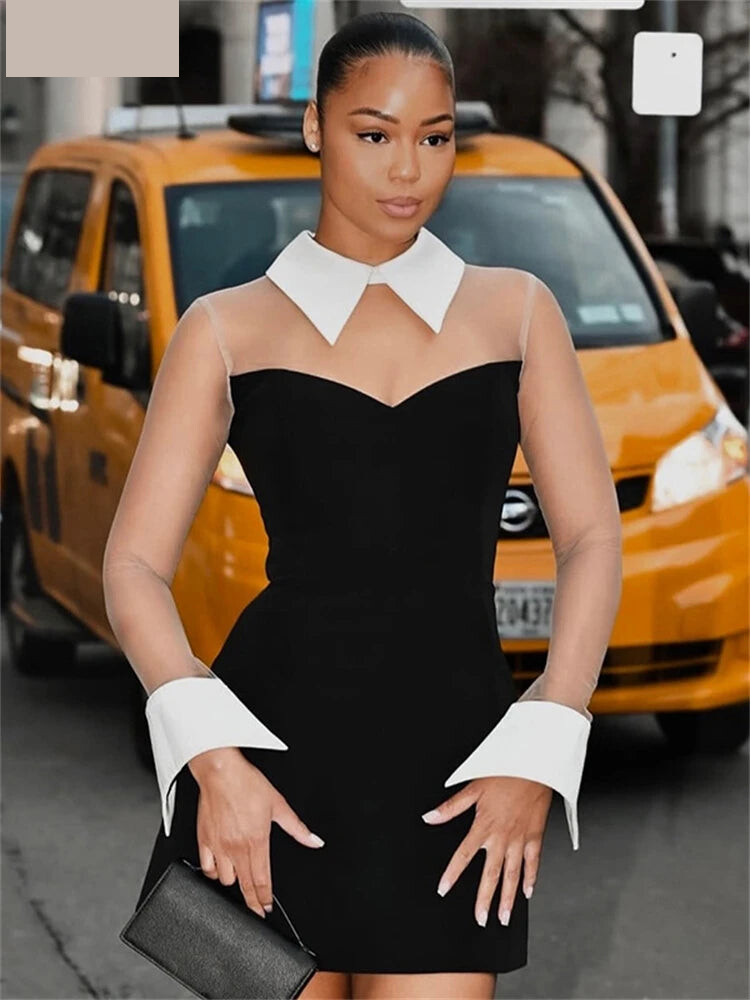 Shirt Dresses - Pullover Women Sexy Mesh See Through Turn Down Collar Night Club Dress Evening Party Summer Short Elegant Fashion Dress