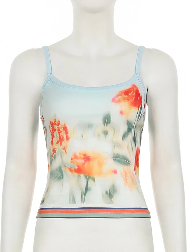 Skirt Sets - Print Floral Two Piece Sets Women Skirt Suit Spaghetti Strap Top Mini Skirt Sets Spring Slim Elegant Party Beachwear