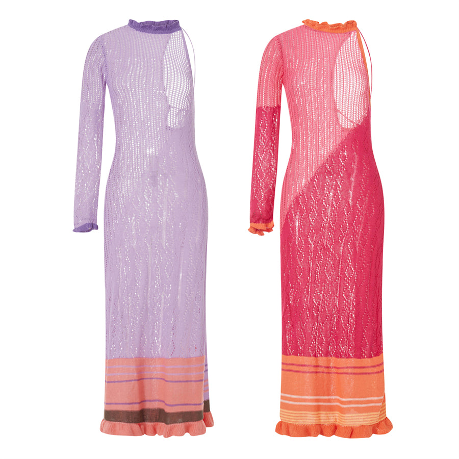 Beach Dresses - Contrast Color Hollow-Out Knit Beach Long Dress 2023 Summer See-Through One-Shoulder Long Sleeve Halter Tie-up Cover-Ups Dress