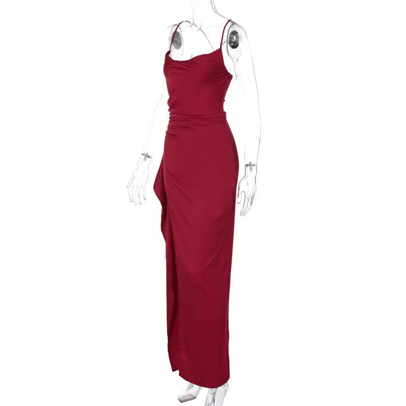 Elegant Dresses - Spaghetti Strap Thigh High Split Sexy Maxi Dress Women Elegant Satin High Elastic Sleeveless Backless Club Party Dress