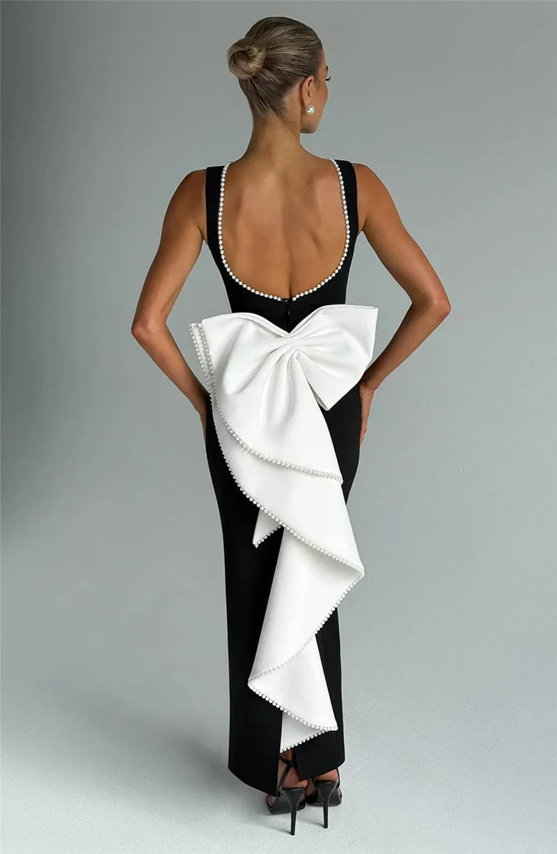 Elegant Dresses - Elegant Pearl Bow Backless Sexy Maxi Dress Women Gown Fashion Sleeveless High Waist A-line Club Party Long Dress