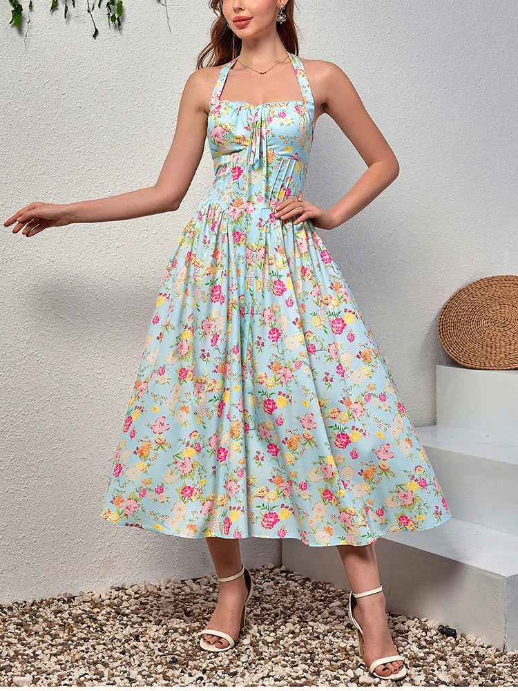 Floral Dresses - Women's Halter Backless Print Floral Midi Corset Dress Spaghetti Straps Tie Up Fashion Casual Holiday Long Dresses Pink